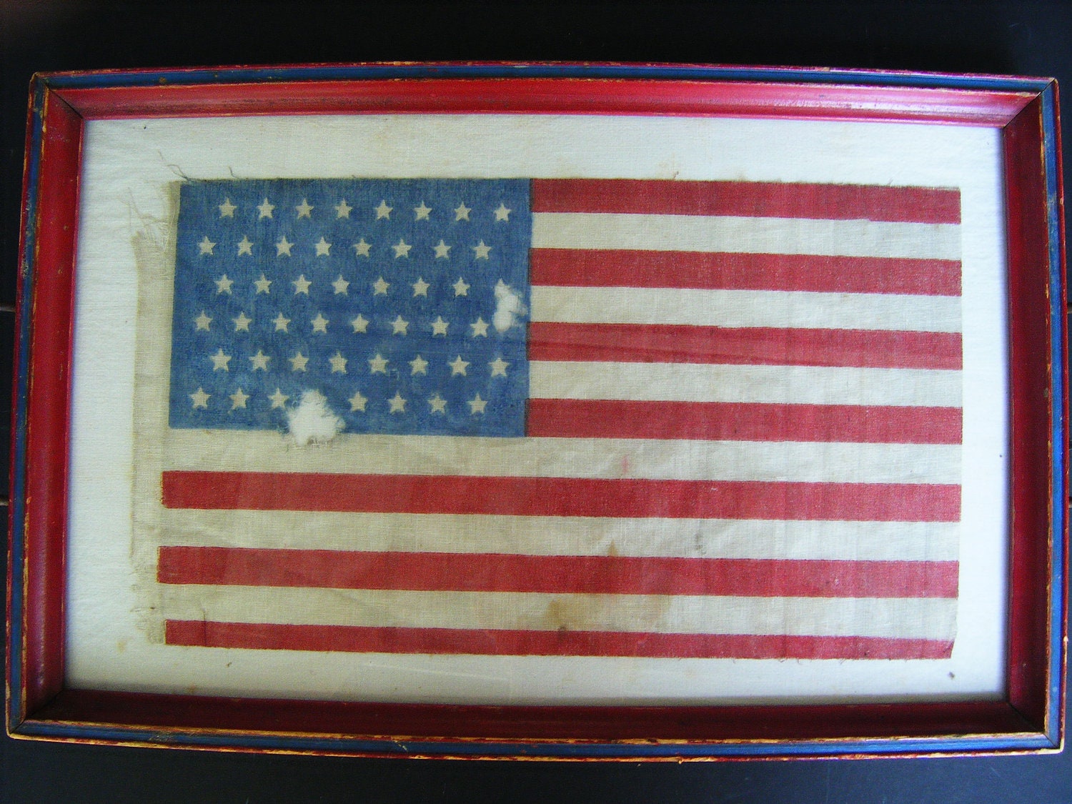 Antique 48 Star American Flag, Framed in a Glass Covered Tray with Handles, Red, White and Blue