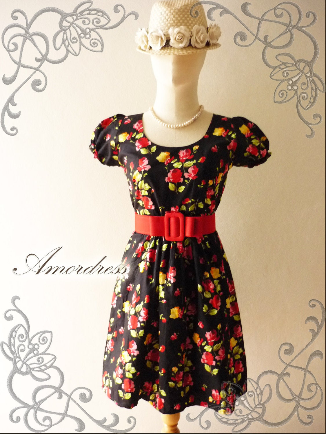 HOT SALE Vintage Inspired Lovely Dolly Girl Red Rose Black Urban Sweet Baby Doll Cotton Dress Free Belt -Fit S-M -