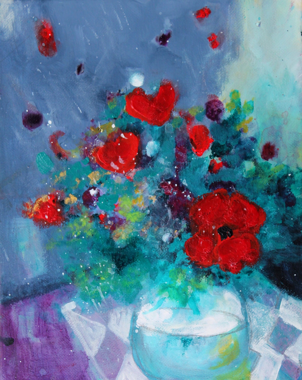 Reserved for Brigitta Original Abstract Floral Still Life on Small Canvas Acrylic Painting "Red Poppies in a Vase"