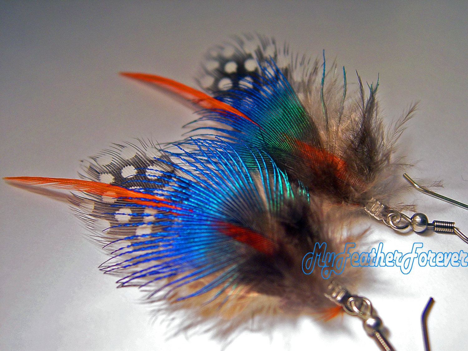 Blue green orange and brown short feather earrings