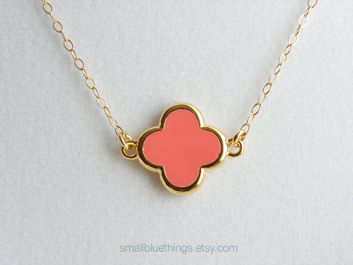 Simple Pink Clover Necklace. Small Quatrefoil with Gold Colored Trim. Bridesmaid Gift. Valentines Day