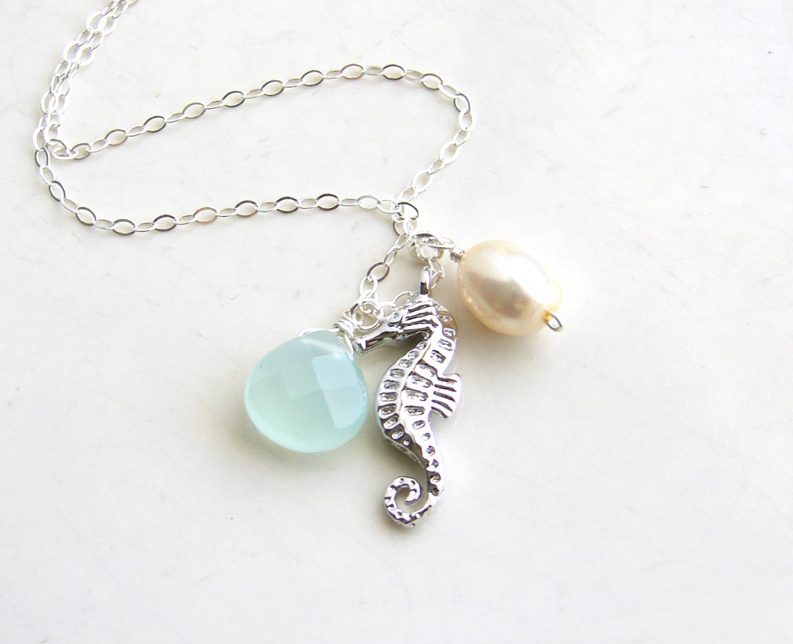 Seahorse Necklace. Silver Seahorse with Seafoam Teardrop and Pearl. Sterling Silver Chain. Summer Fashion. Simple Modern Jewelry