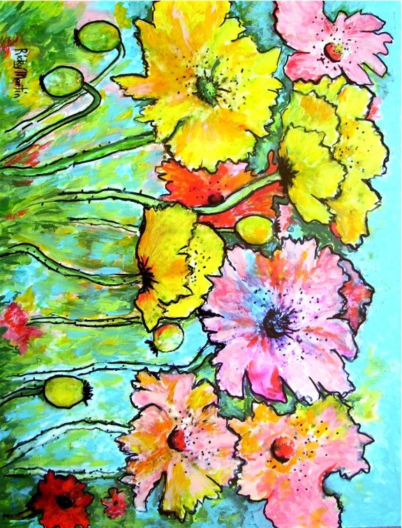 Poppy Medley, Impressionist Floral, Bright and Vibrant Home Decor - Original Acrylic  Painting by ebsq Artist Ricky Martin - FREE SHIPPING