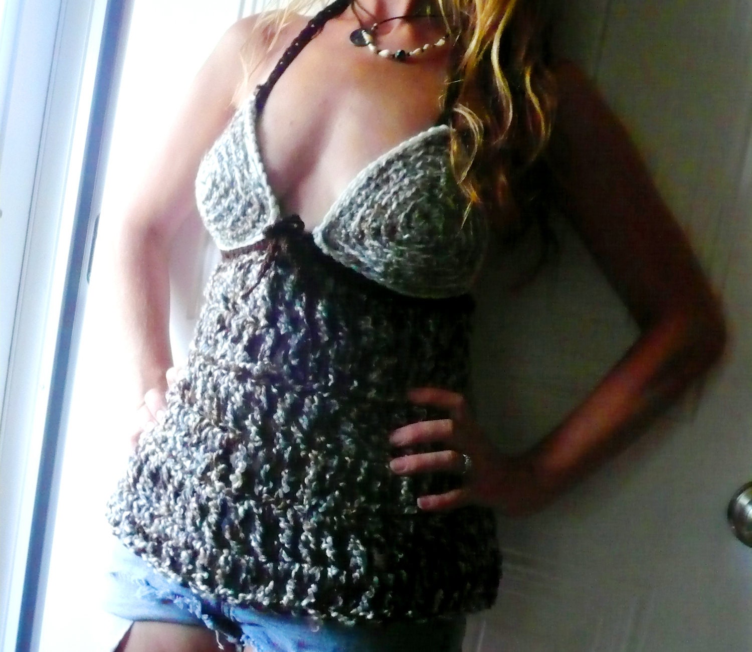Halter Top, crochet, brown, cream, tan, hippie, festival, gypsy, tribal