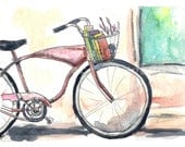 Bicycle watercolor painting bike art pink bike with basket wall art home decor