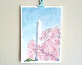 Watercolor painting cherry blossom Washington DC monument art landscape painting