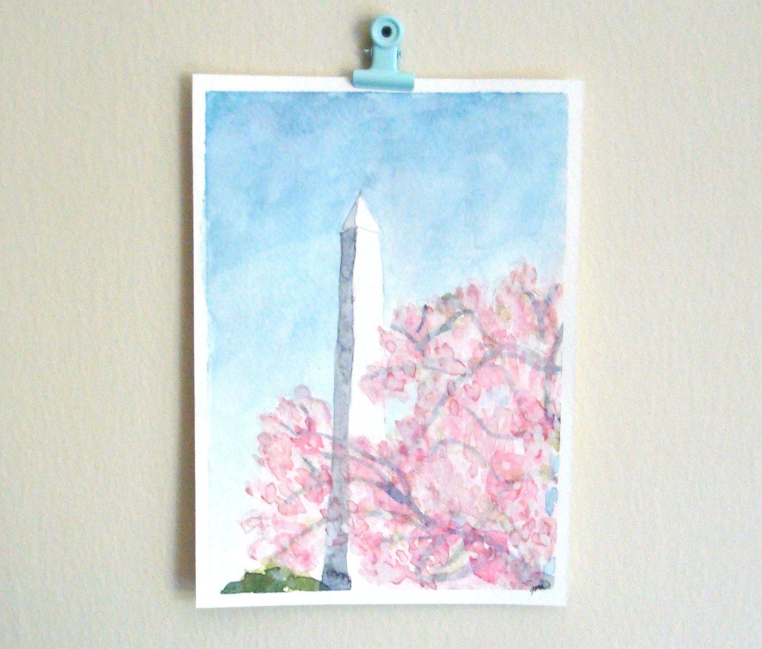 Watercolor painting cherry blossom Washington DC monument art landscape painting