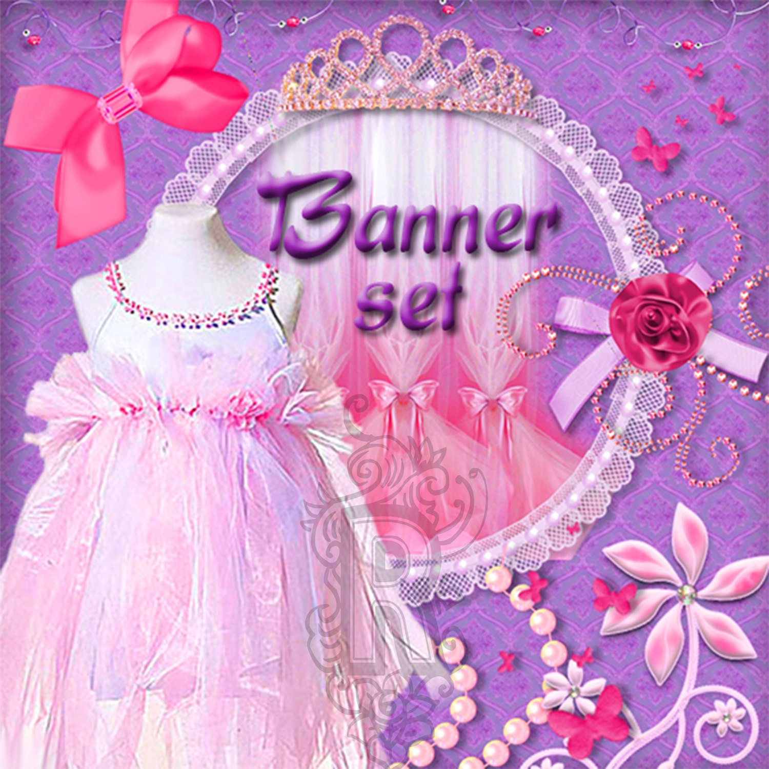 Shop Banner Avatar Blog Set 9 pieces and matching business card(printable)-princess,clothing,sewing,pink