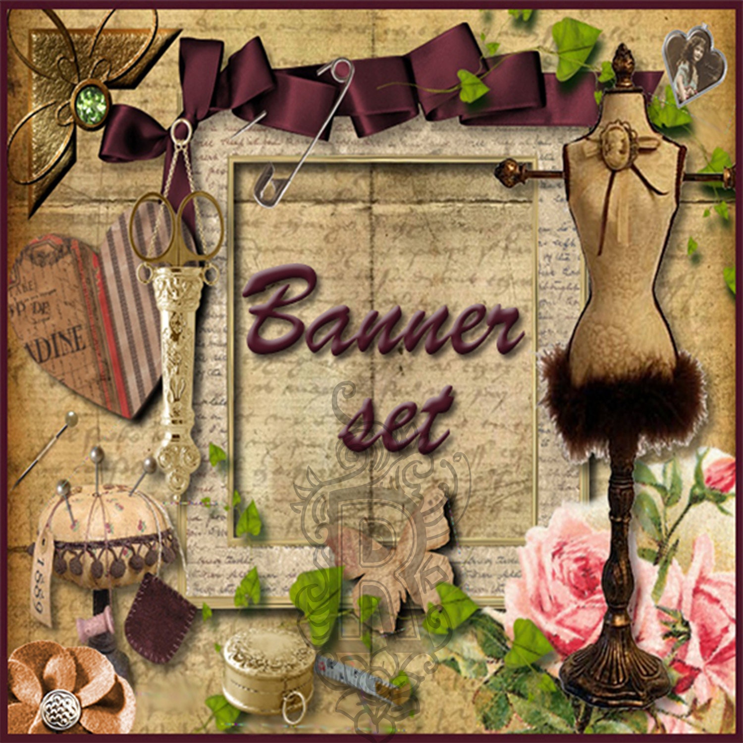 Shop Banner Avatar Blog Set 9 pieces and matching business card(printable)-sewing,dress form,vintage
