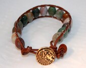 Men's wrap bracelet oval jasper beaded leather wrap Indian head button distressed leather stone wrap