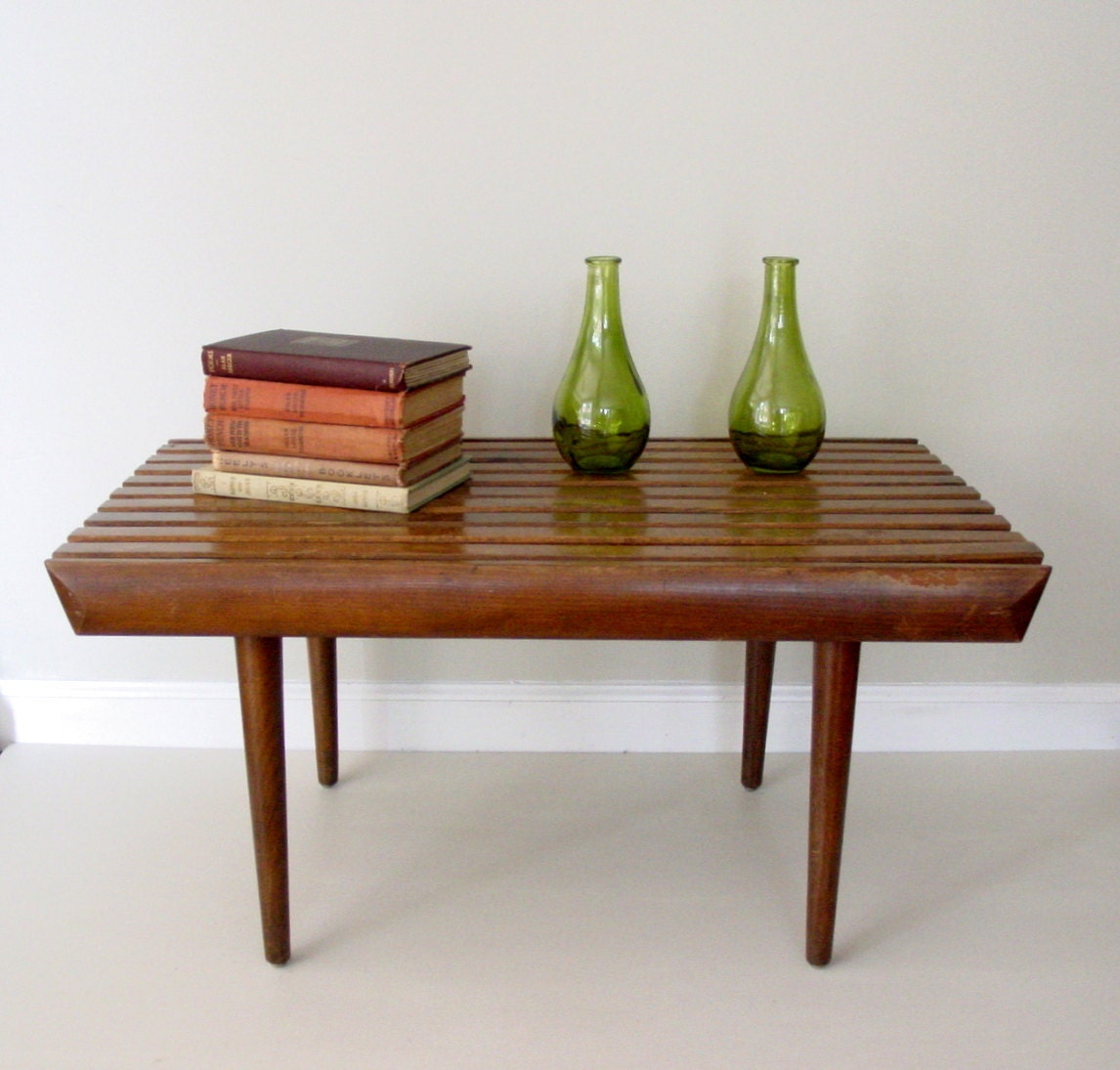 vintage mid century modern side table / small slat bench RESERVED