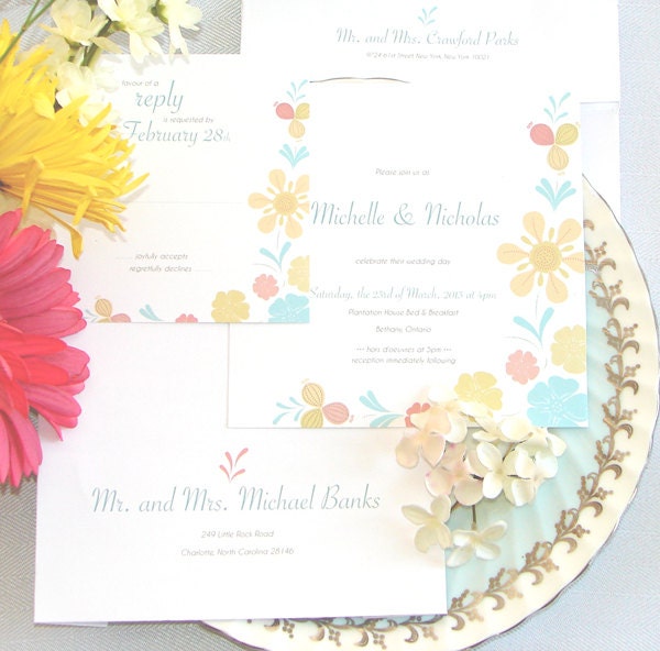 Wedding Invitation: CHARLOTTE Wedding Invitation (Spring Wedding, Flirty & Fun, Pink, Blue, Yellow) SAMPLE