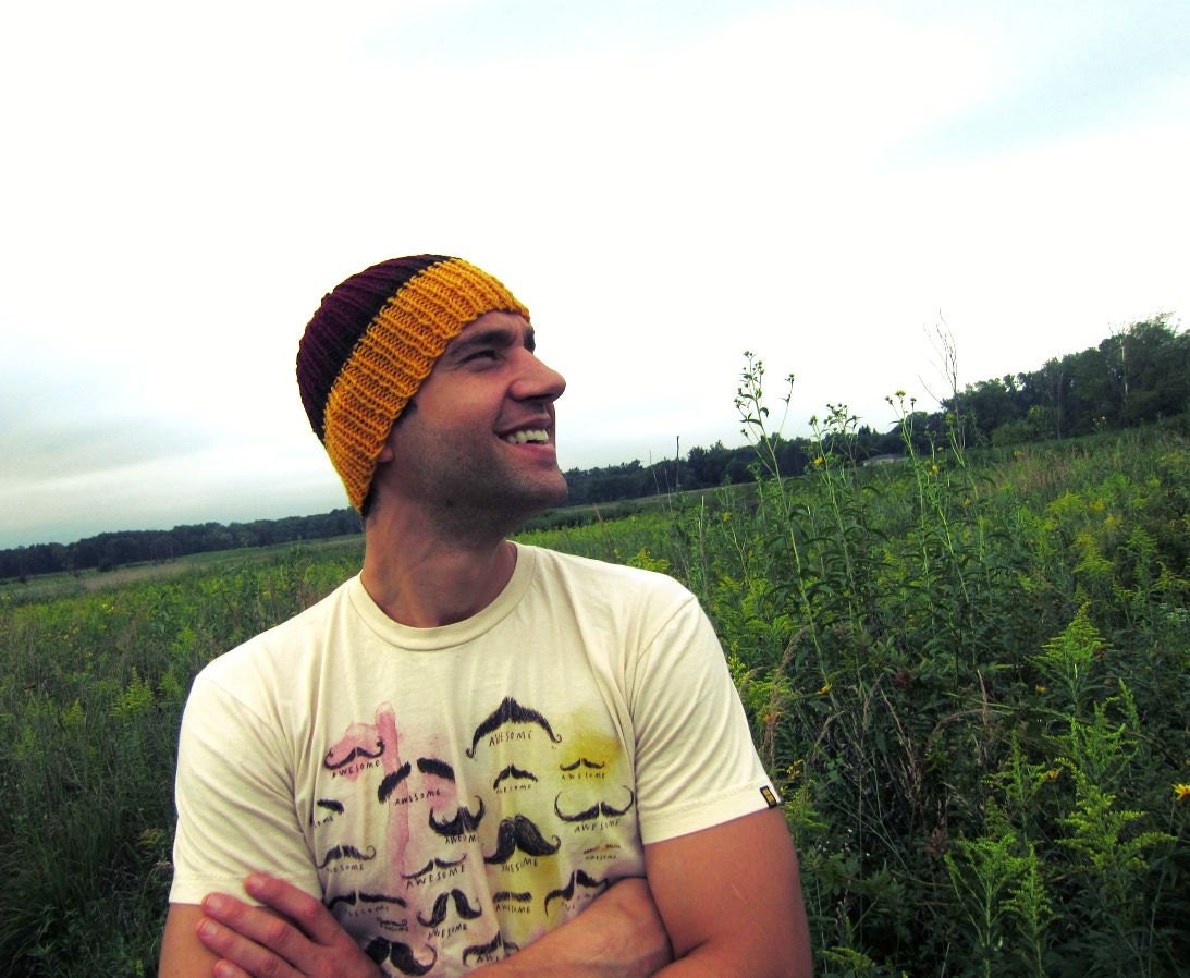 Knit Mens Hat Knitted Yellow Red Brown Man Beanie Unisex Burgundy