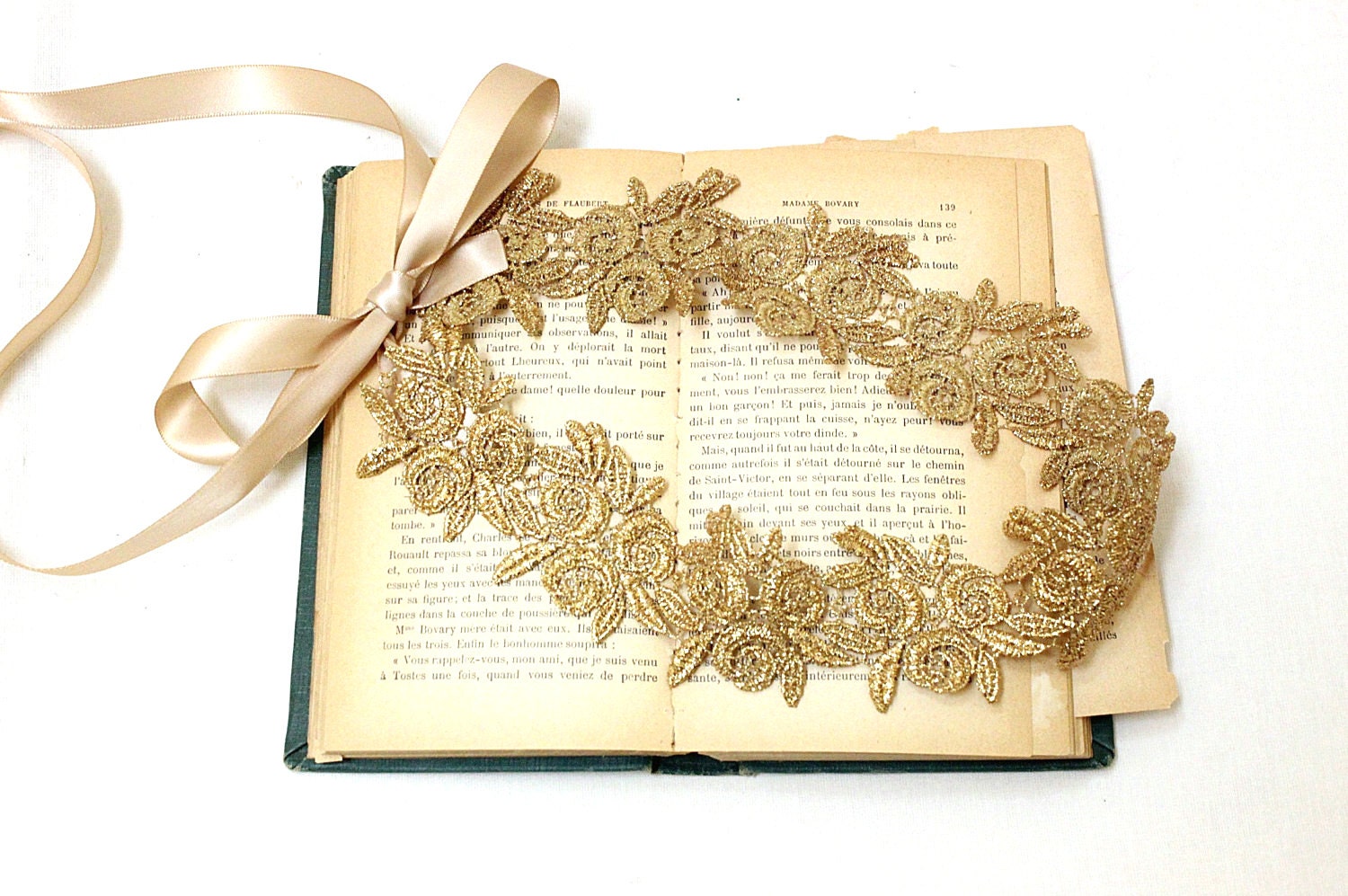 Gold Flower Metallic Lace with Champagne Satin Sash // Headband , Head Tie // Wedding Headband // SH-12