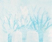 Children Art Original Painting Watercolor 4x4 Winter Tree Nursery Decor Children Bedroom Decor Kids Wall Art Blue