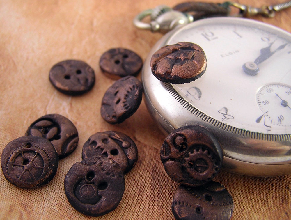 Steampunk round buttons, set of 6. 12mm. Poly clay with burnished copper finish. handmade