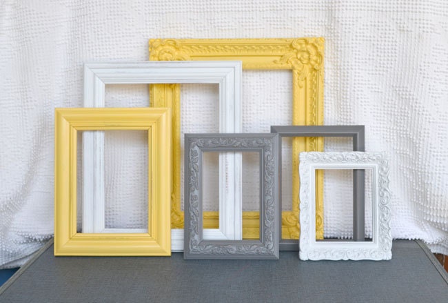 Yellow, Grey Gray White Ornate Frames with GLASS set of 6 - Upcycled Frames Modern  Bedroom Decor - BeautiSHE