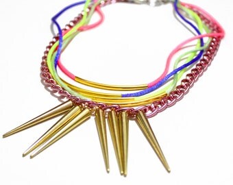 Sealolly, neon pastel necklace, rainbow strings gold spikes chunky chains, seapunk mermaid style, OOAK statement necklace
