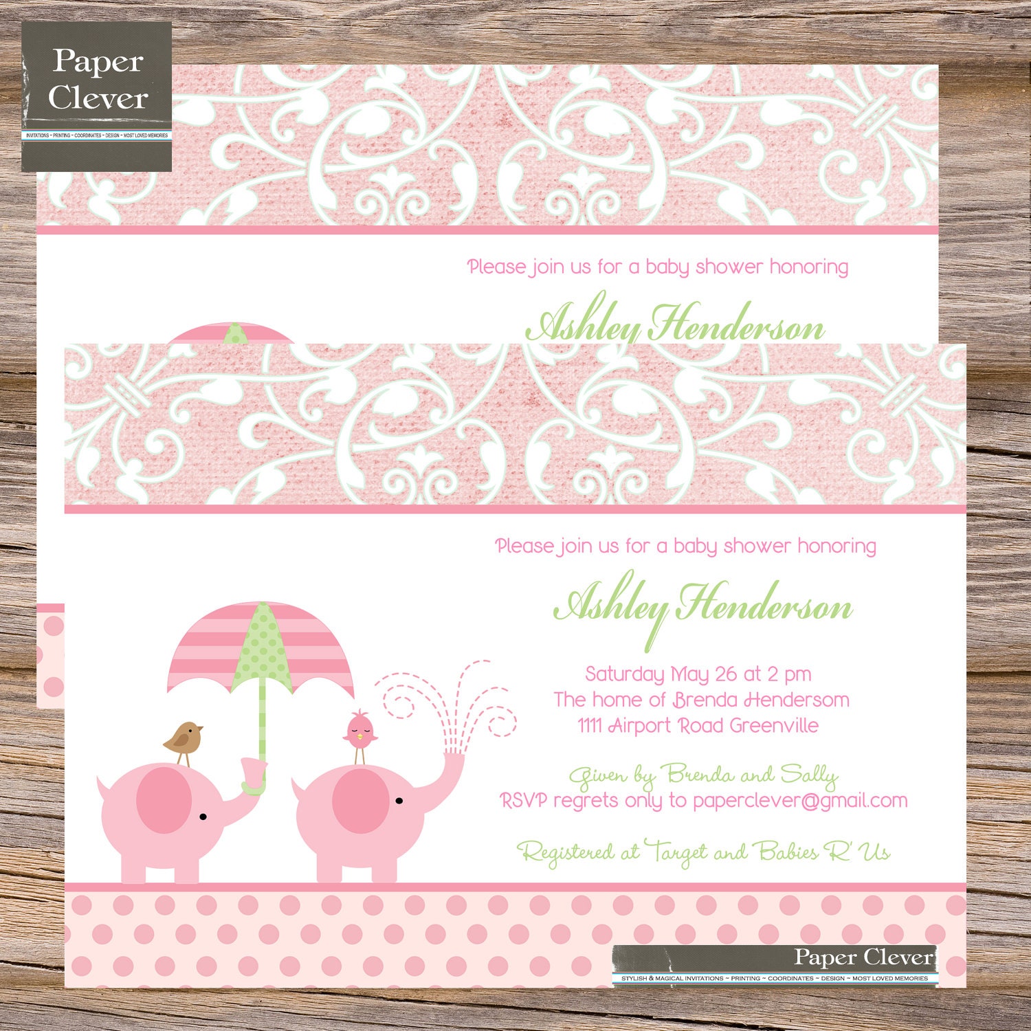 Girls baby shower invitation pink and white elephant - digital file, printable Il_570xn