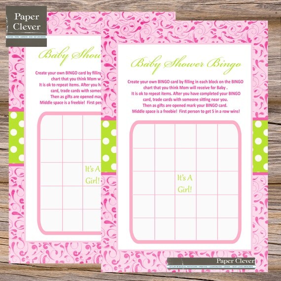 girls baby shower bingo game in hot pink and lime green digital file, printable Il_570xn