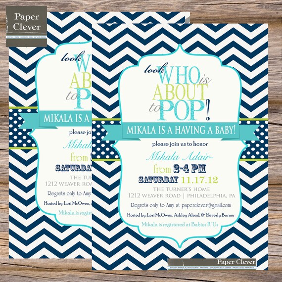 Boys baby shower invitation chevron stripe, about to pop - digital file, printable Il_570xn