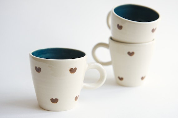 Brown and Teal Ceramic Cup- heart design by RossLab - RossLab