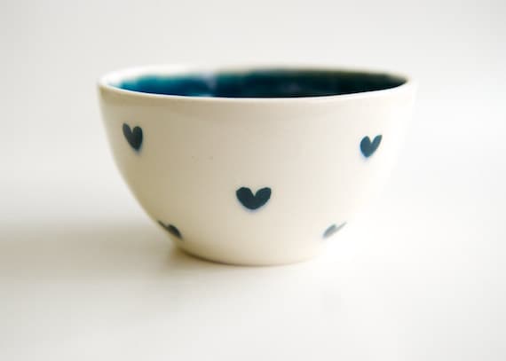 Ceramic Bowl in Teal- Pottery by RossLab, vintage inspired, hearts (made to order)