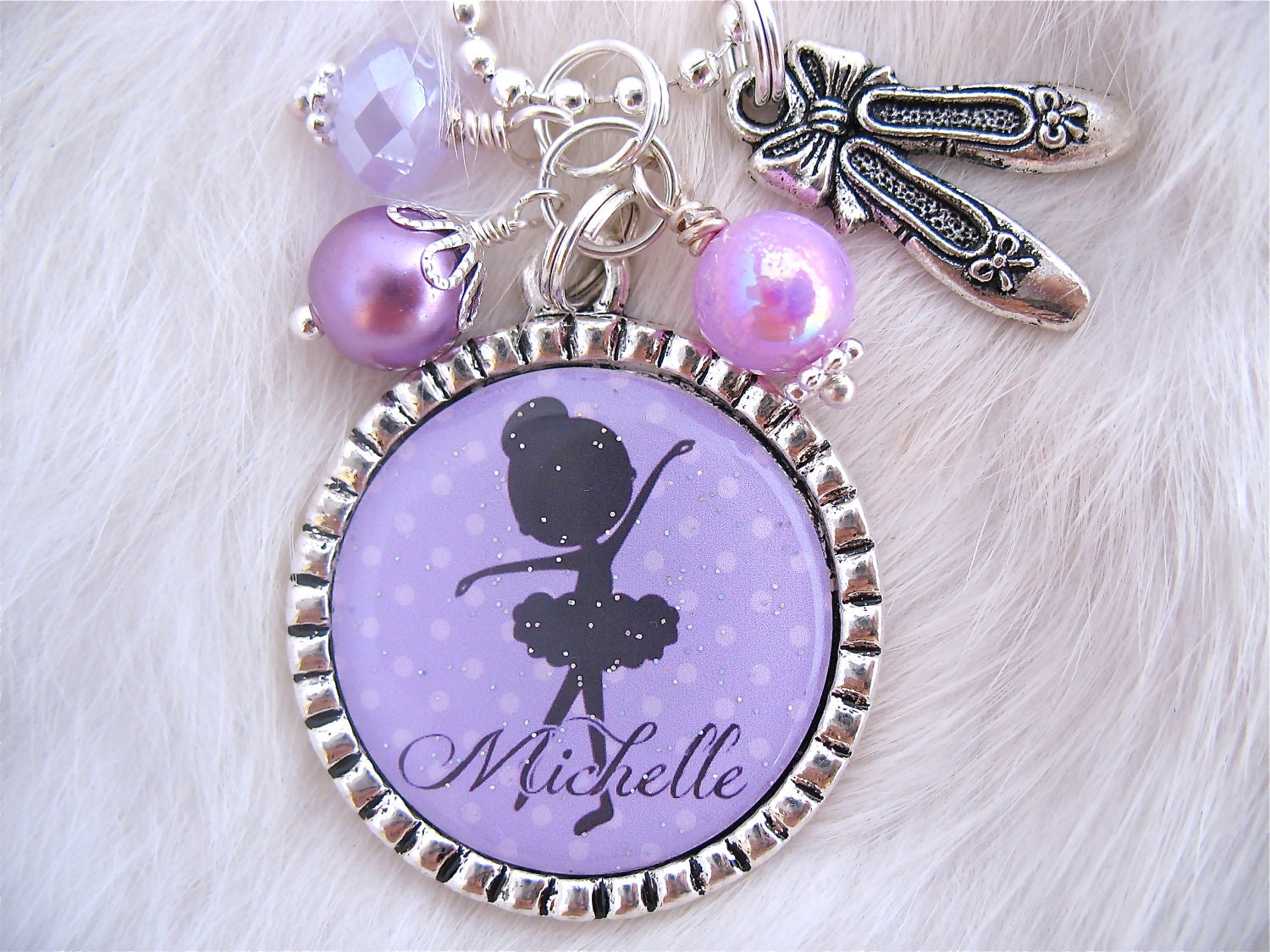 CHILDREN'S BALLET Necklace, Personalized Bottle cap Dance Jewelry, Lavender Purple polka dot, kids, Mother grandmother Wedding, Bridal, Gift