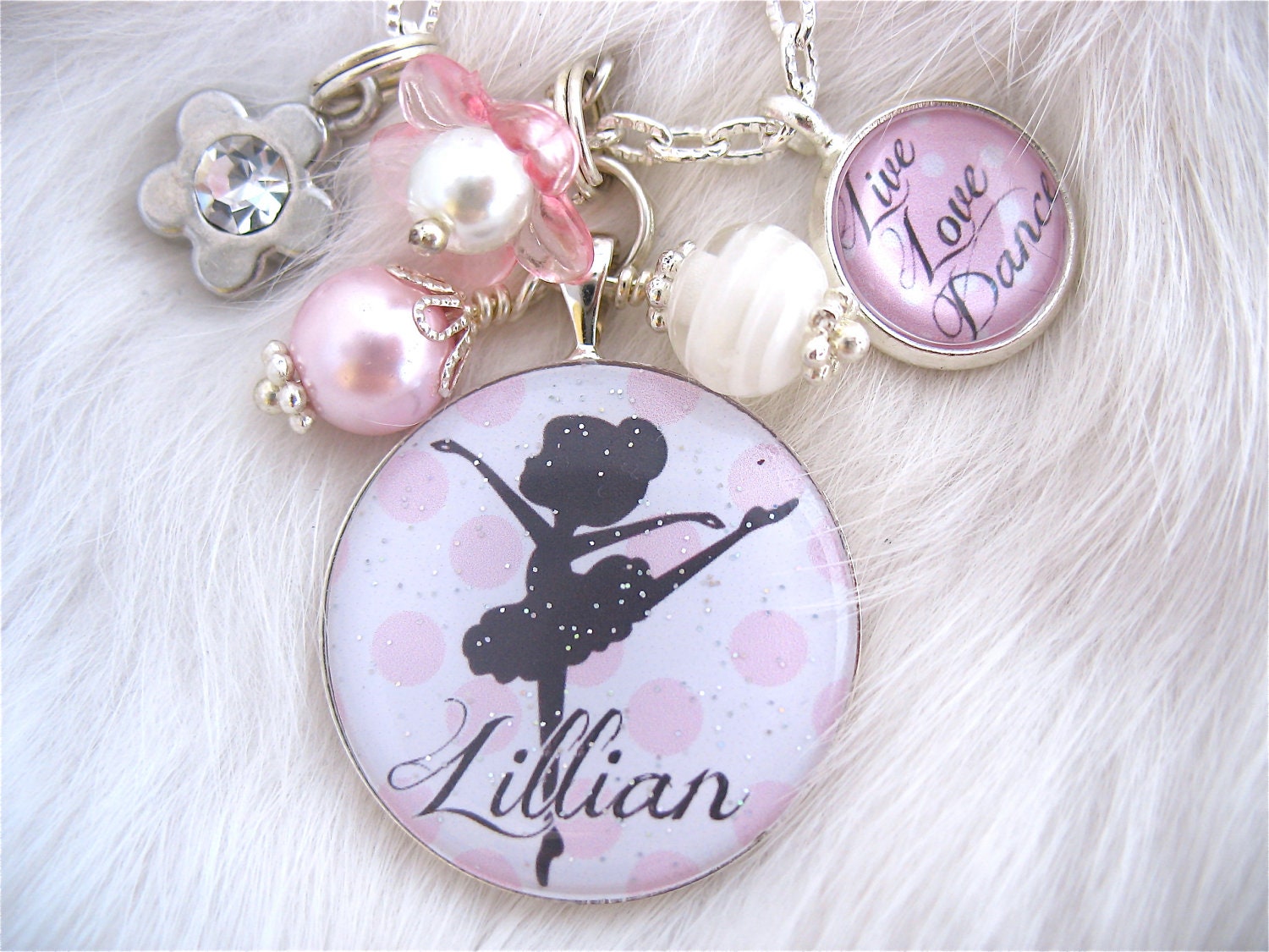 CHILDREN'S BALLET Jewelry, Personalized Bottle cap Dance Necklace, Pink polka dot, kids, Mother Live Love Dance Inspirational Quote, Gift