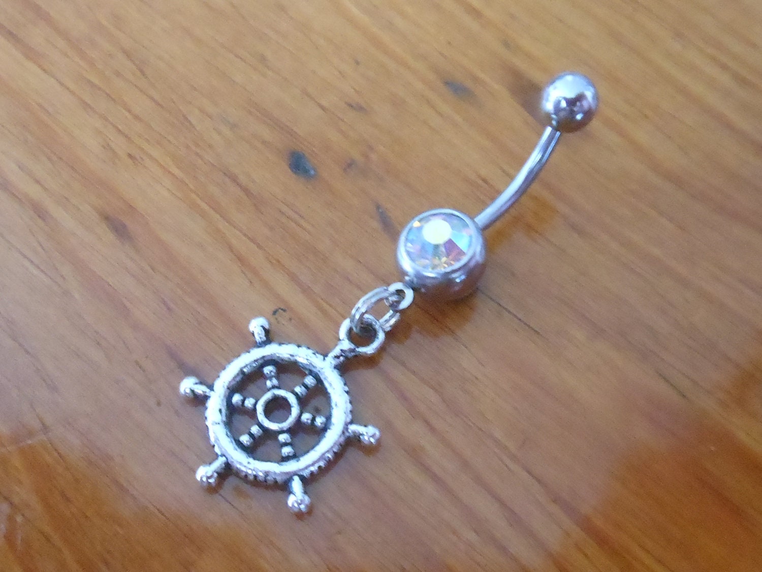 Belly button ring - Body Jewelry - Silver Ships Wheel and clear AB gem Belly Ring