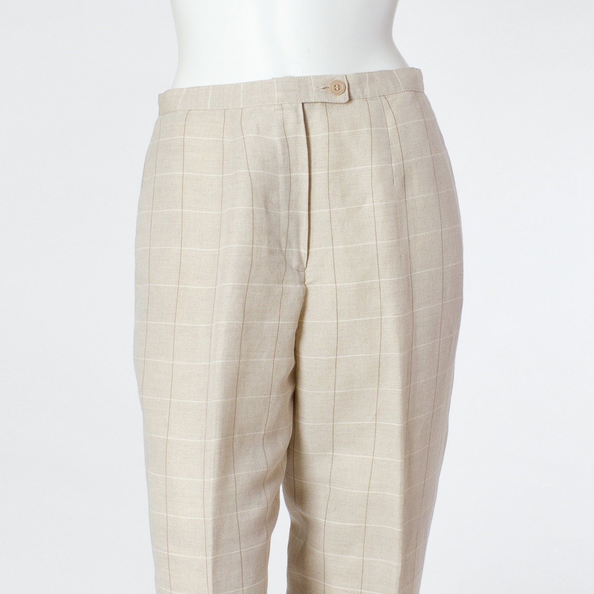 70s Vintage Pants Trousers Cream White Plaid Linen Preppy Medium