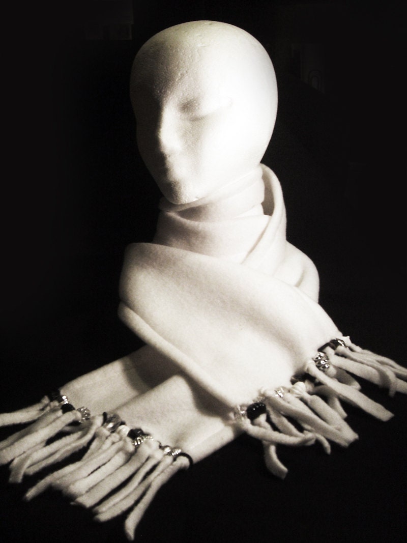 White Fleece Scarf with Beaded Trim