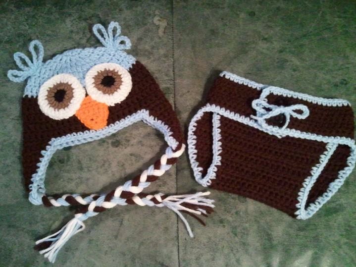 Baby Owl Earflaps Hat & Diaper Cover Light Blue Brown - Newborn NB Beanie Boy Girl Costume Halloween Thanksgiving Photo Prop Christmas