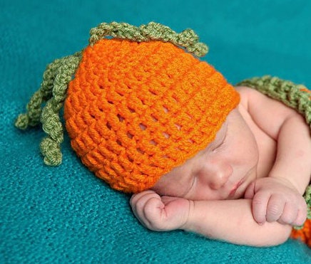 Baby Pumpkin Carrot Hat - Crochet Newborn Beanie Boy Girl Costume Winter Thanksgiving Photo Prop Cap Christmas Outfit