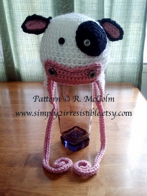Molly Moo Cow Hat Pattern - Crochet Pattern 4 - Beanie and Earflap Pattern - Newborn to Adult - us or uk Terms - INSTANT DOWNLOAD