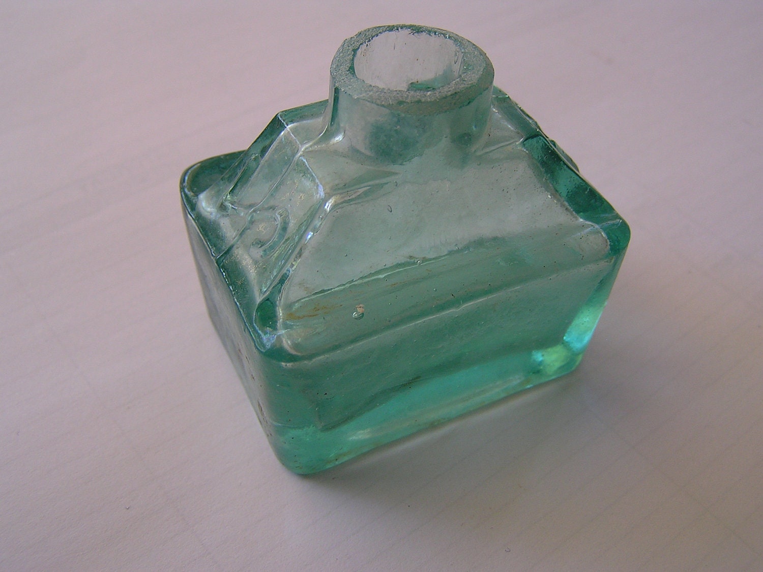 Vintage ink bottle - Little rectanglular aqua green glass bottle