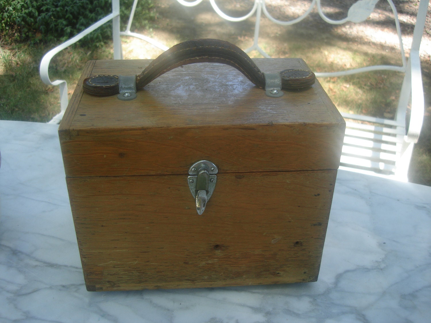 vintage wood box with leather strap handle wooden by funknjunkinc