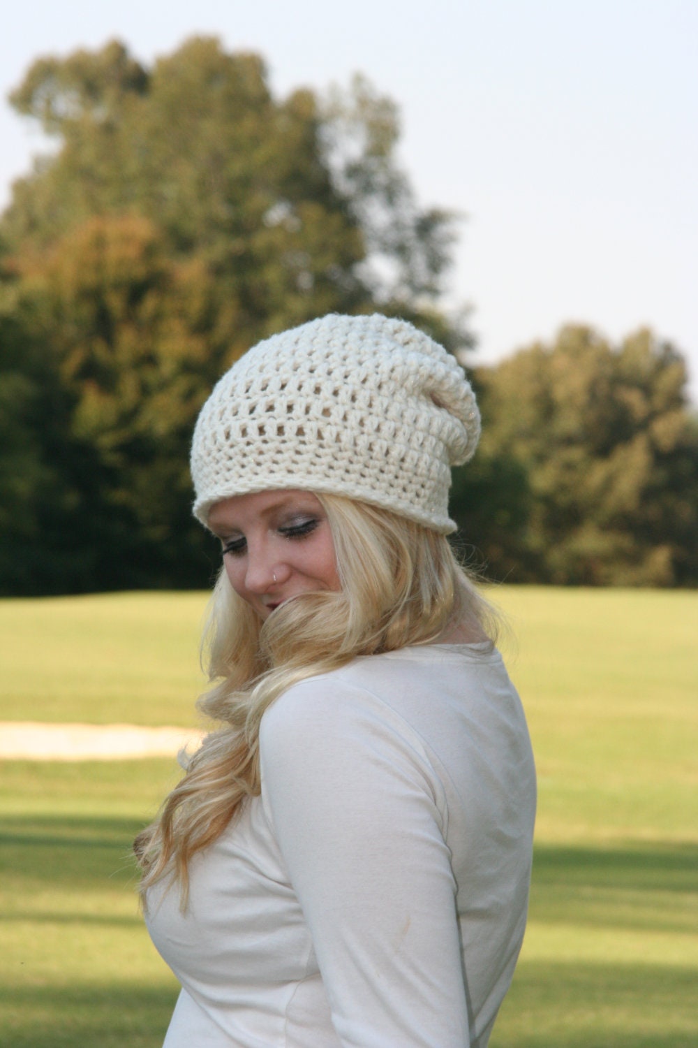 Beanie Hat / The Exeter / Shimmer Crochet Slouchy Beanie Hat  Ivory