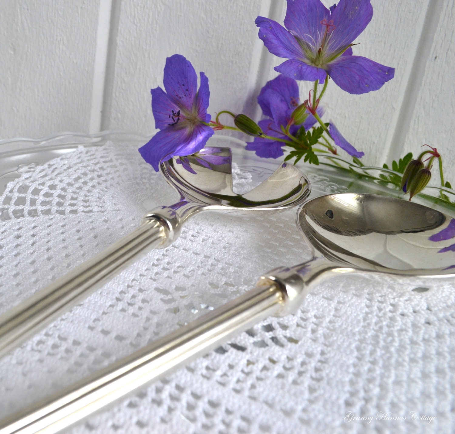 Salad servers silver plated column handles vintage Swedish