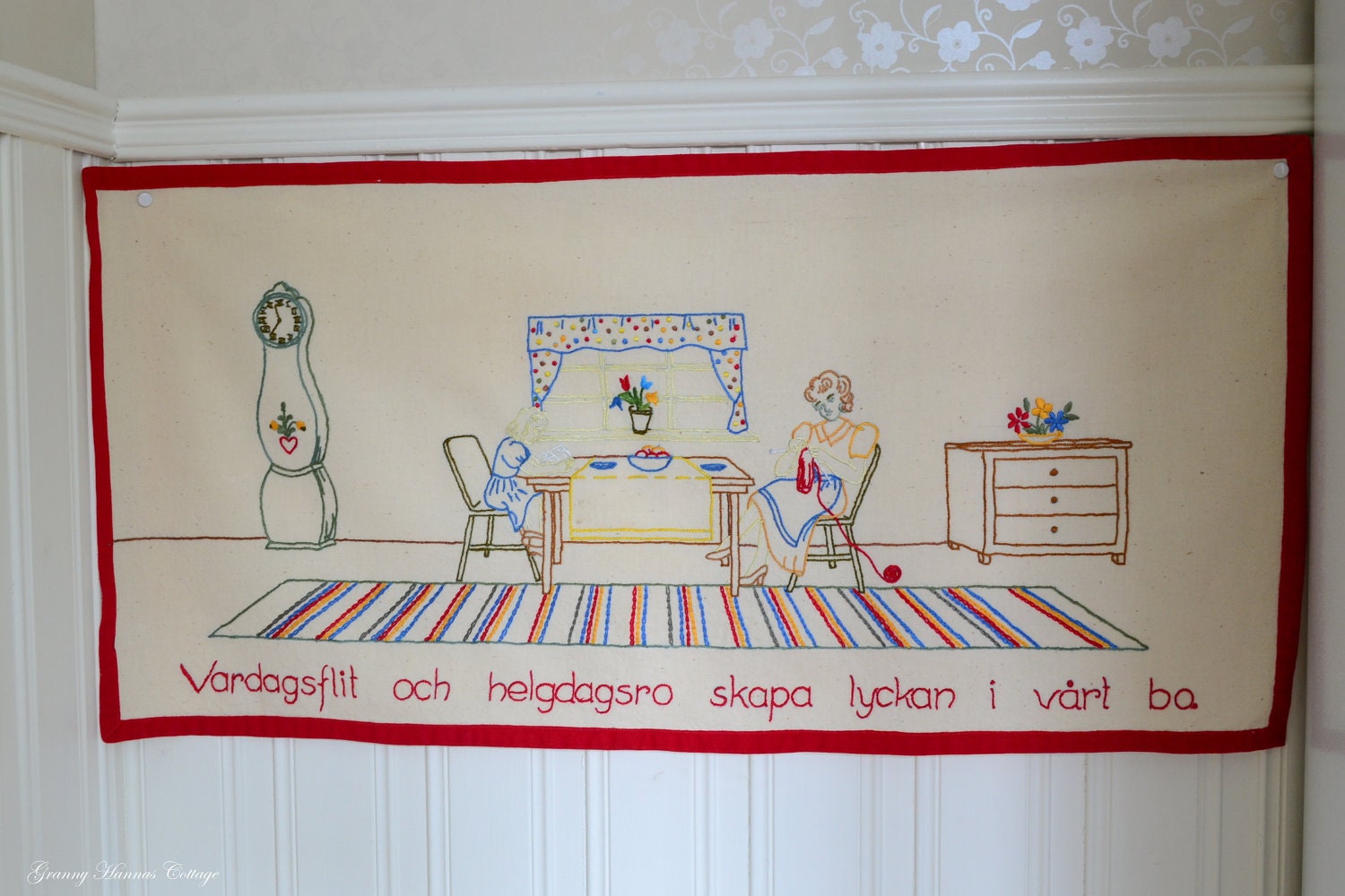RESERVED LISTING Embroidered wall hanging vintage Swedish cottage decor