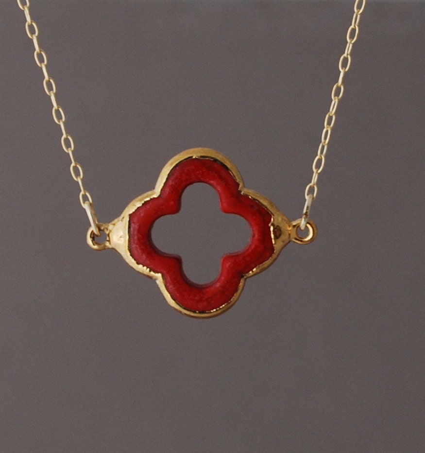 Red Coral Four Leaf Clover Gold Necklace