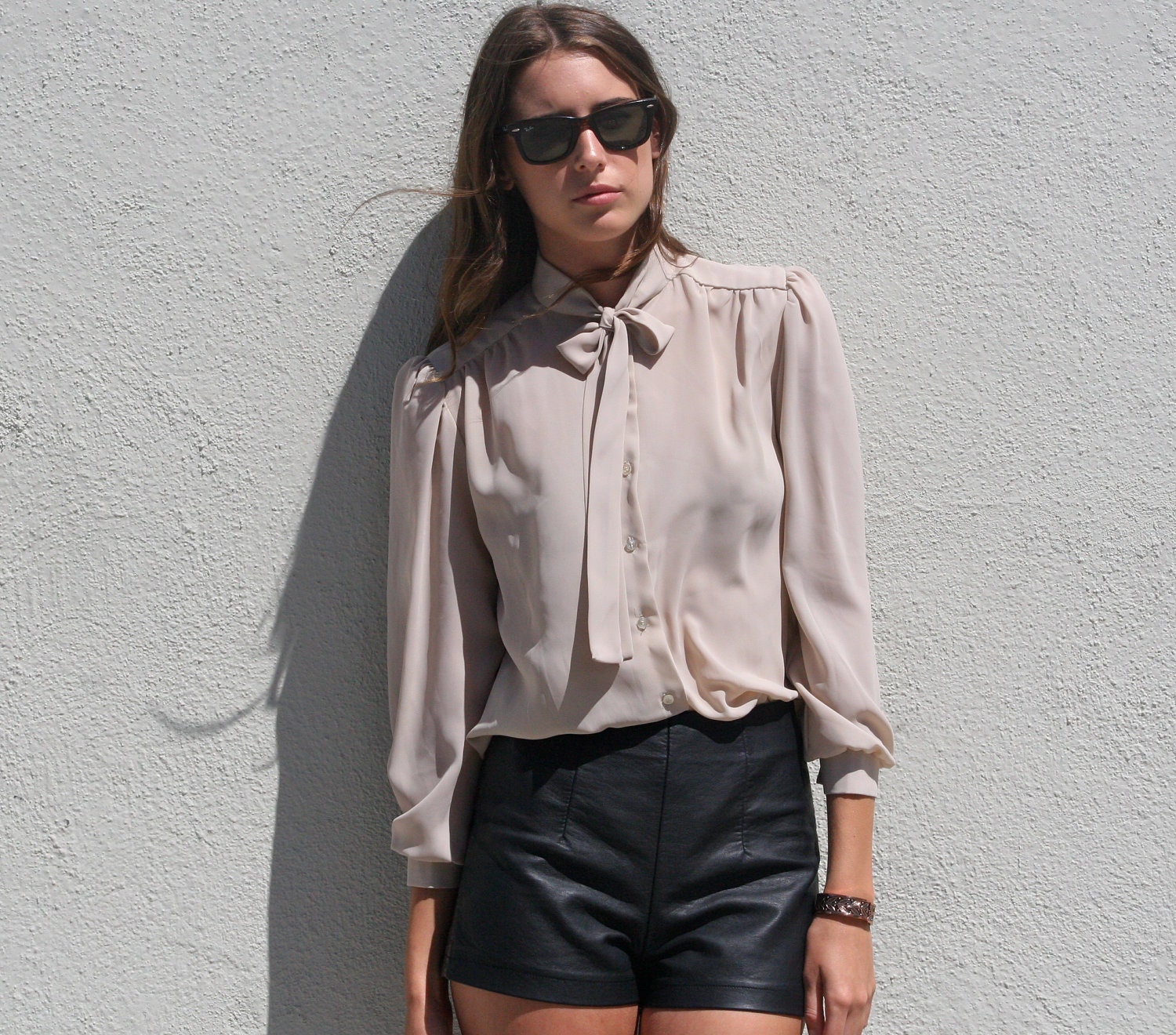 Blouse Handmade Vintage Cream Bow Long Sleeved Button up Blouse