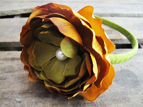 Womens or Girls Headband, Fall Hair Accessories, Harvest, Golden Brown and Moss Green, Ribbon Wrapped Headband, Pearl Colored Bead Center