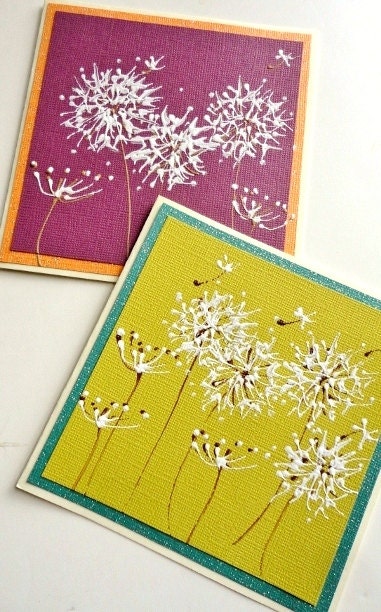 Hand Painted Dandelion Art Greeting Cards, Original Boho Indie, Blank Set of 4, Pantone Chartreuse Tangerine Blue Ooak