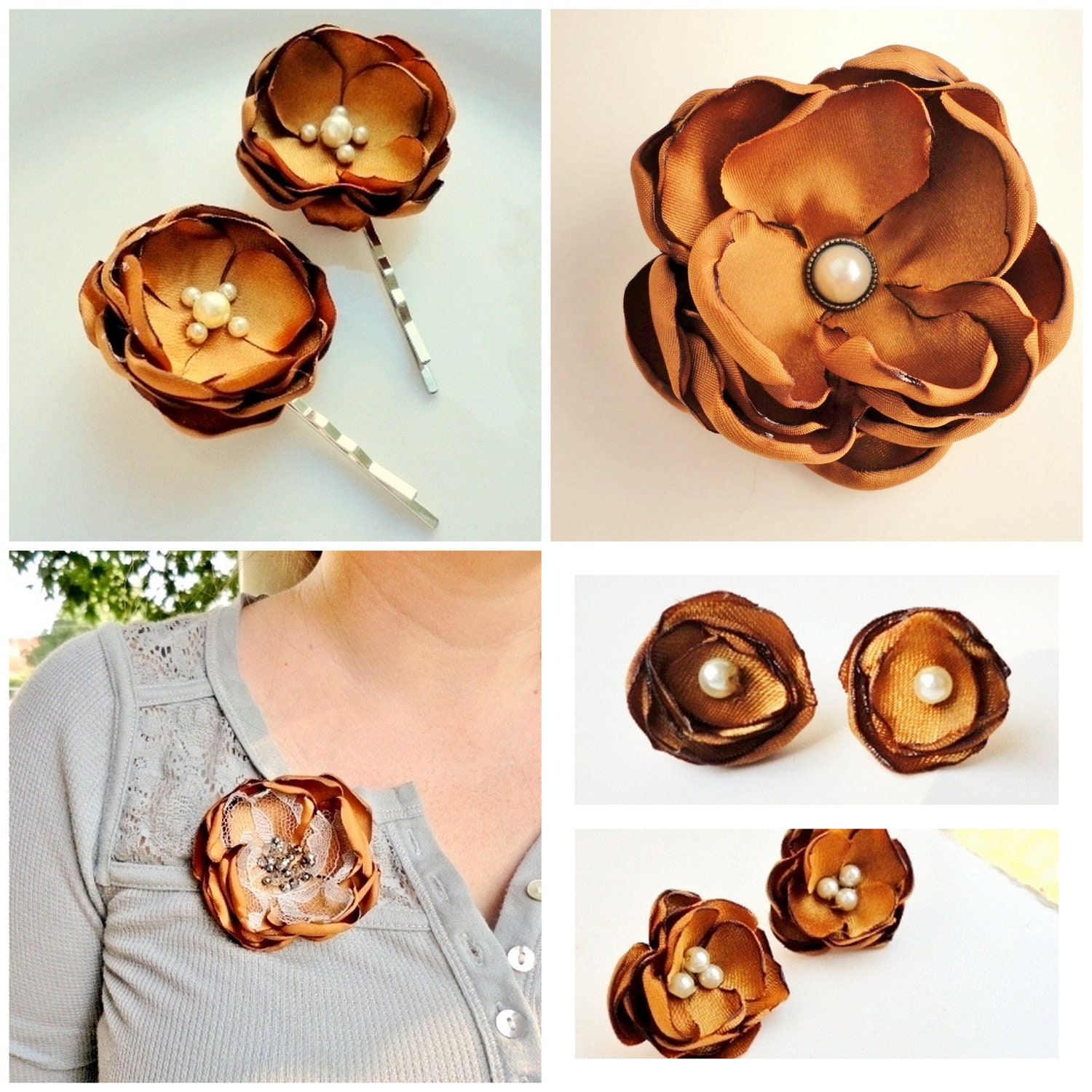 Burnt Orange Flower Hair Clip, Satin Fabric Flower, Bridal Fascinator, Rustic, Copper, Amber, Fall Wedding Bridesmaid Accessories, Pearl