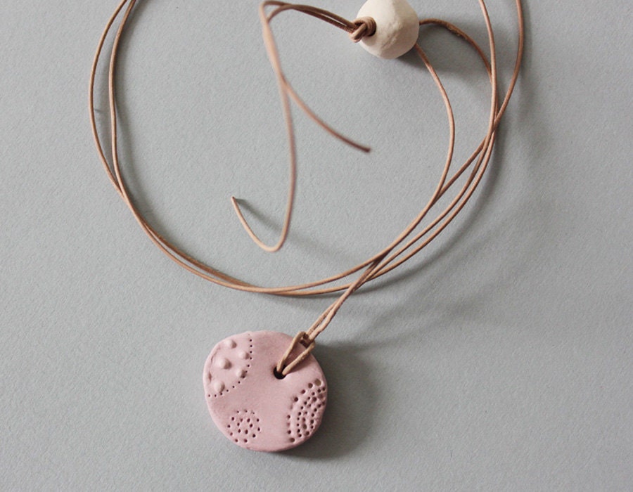 Little pastel pink ceramic pendant on a leather cord - handmade necklace
