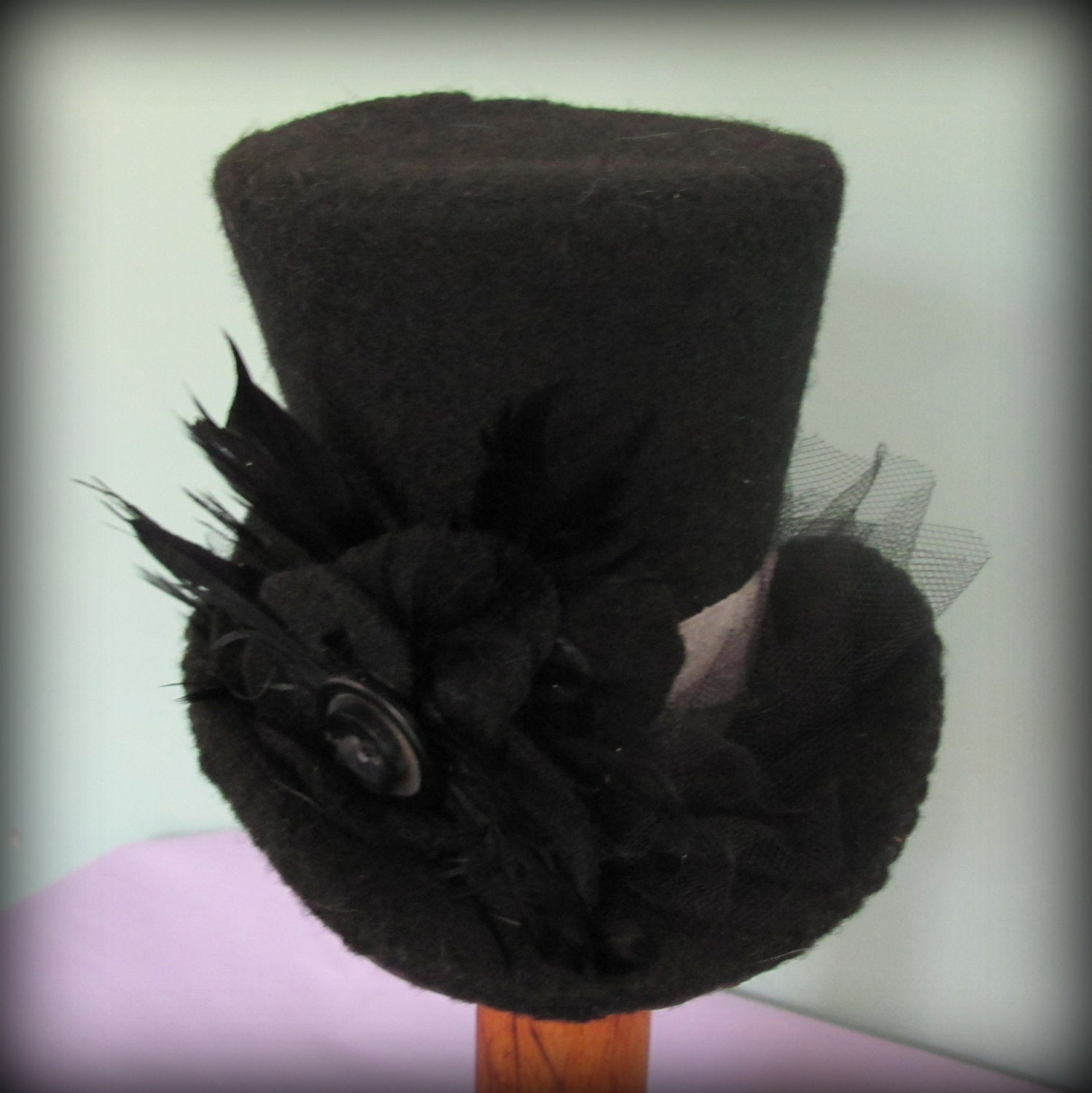 Womens Mini Top Hat Fascinator Black Felt Grey Suede Black Feathers Tulle