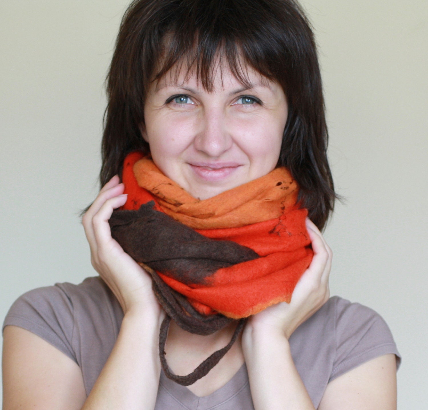 Women infinity scarf - Cobweb felted wool Circle scarf - necklace / red orange brown
