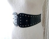 10% OFF SALE VINTAGE Lost girl Kenzi Style Rocker Chic studded rivet Black genuine leather zipper elastic waist stretch belt Corset Sash