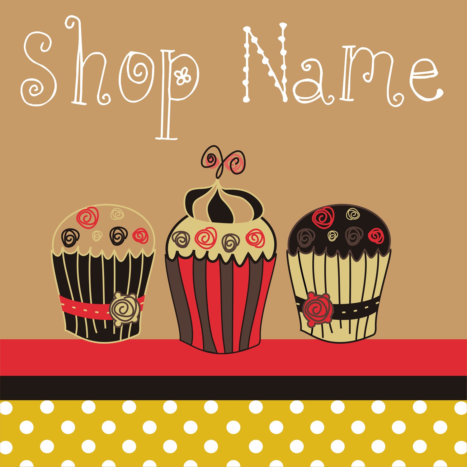 Premade banners with avatars Etsy shop set candy shop style with chocolate cup cake polka dots pattern - 9 pieces NOT OOAK